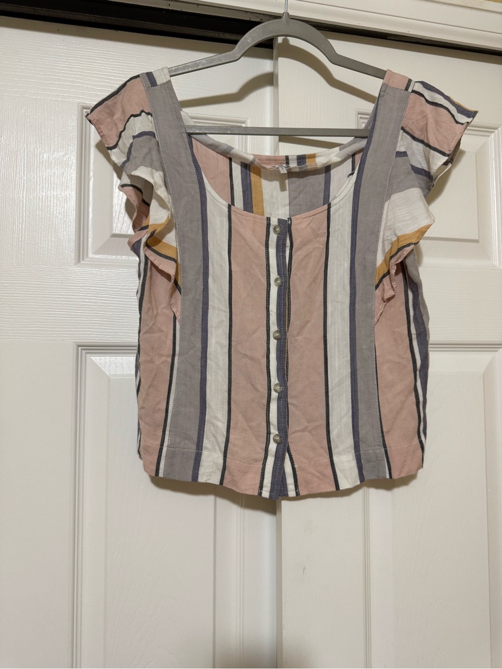 Three dots Striped Ruffle Sleeve Button-Front Women's Top - Pink/White/Blue
